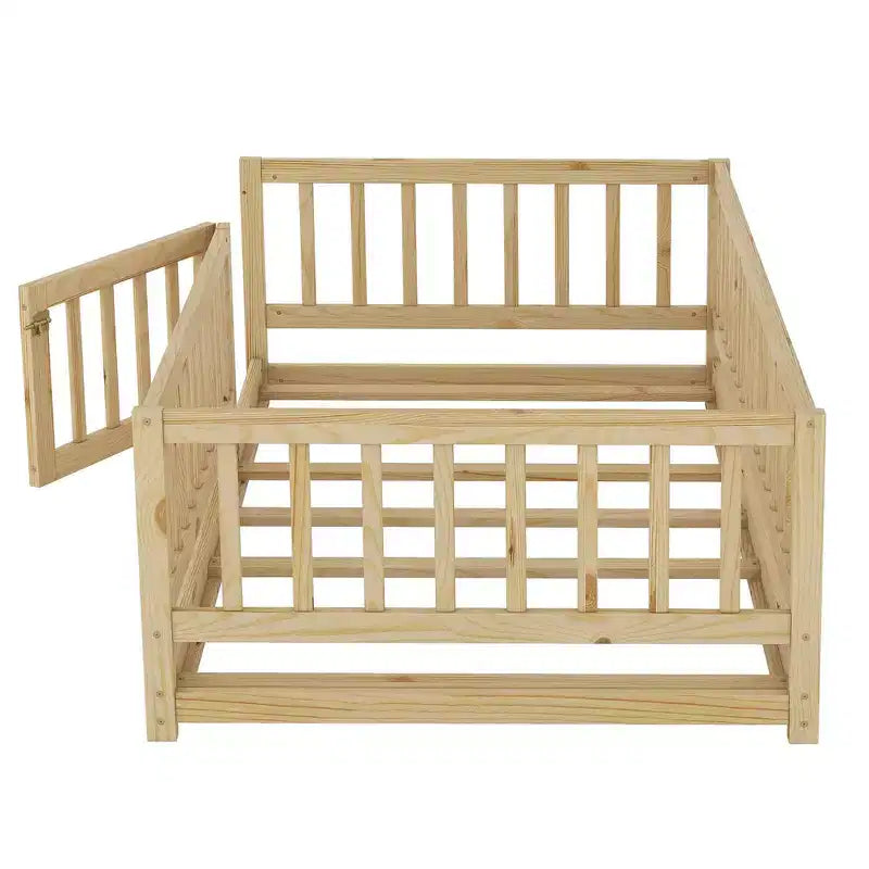 Lit au sol Montessori avec lattes de soutien pour enfants, cadre de lit en bois de pin massif, lit bas avec portes, capacité de 136 kg