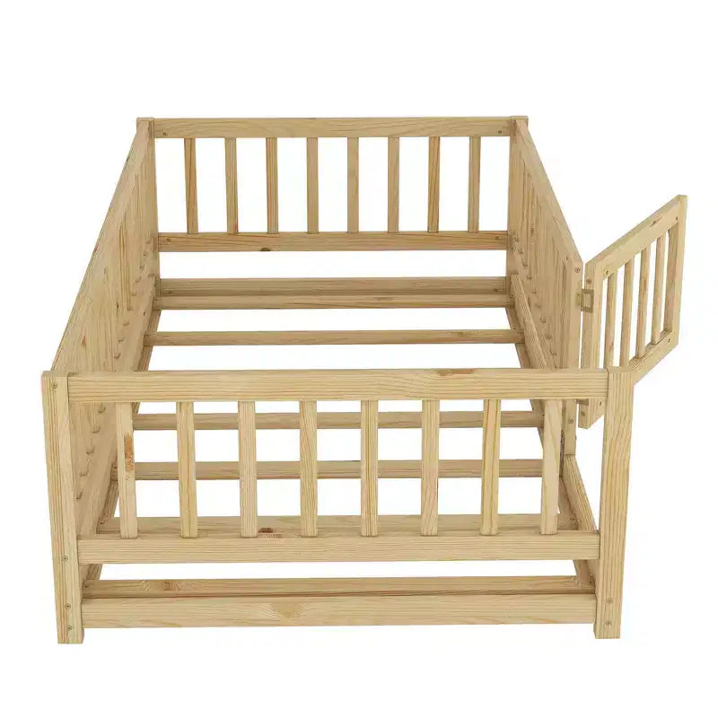 Lit au sol Montessori avec lattes de soutien pour enfants, cadre de lit en bois de pin massif, lit bas avec portes, capacité de 136 kg