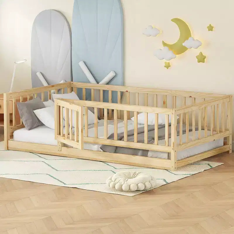 TUYOHW Montessori Floor Bed with Slat Support for Kids,Solid Pine Wood Bed Frame,Slatted Low Profile Bed with Doors,300lbs Capacity
