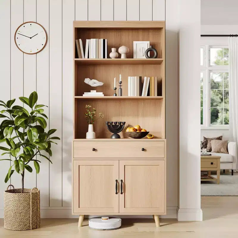 Tall 6-Tier Bookshelf & Bookcase with Doors & Drawer, Storage Cabinet with Open Shelves, 72.4 Freestanding Wood Bookshelf for Living Room, Bedroom