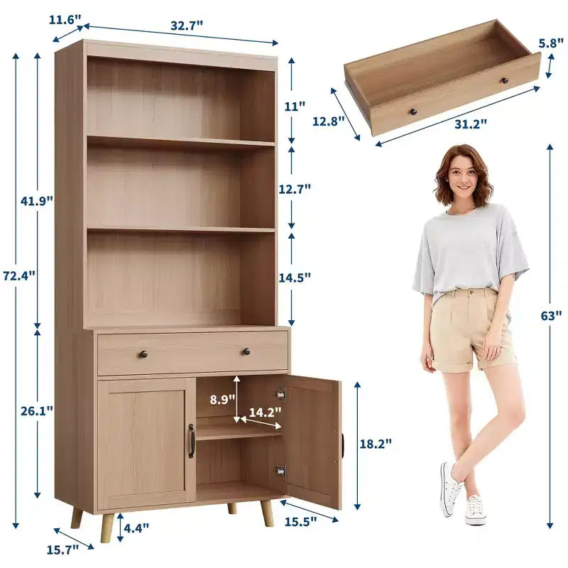 Étagère à Livres Grande 6 Niveaux avec Portes et Tiroir, Meuble de Rangement avec Étagères Ouvertes, Étagère à Livres en Bois Autonome de 184 cm pour Salon, Chambre