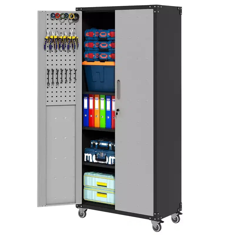 VIYET 71H Heavy-Duty Steel Garage Cabinet with Wheels & Lock - Adjustable Shelves, Hinged Doors, Mobile Organizer for Garage/Home/Office/School