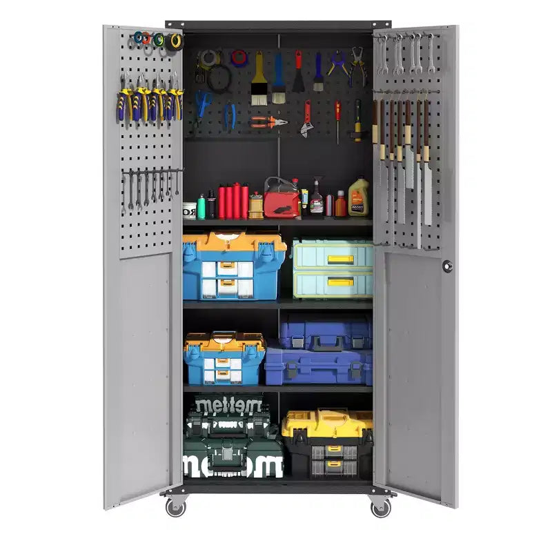 Armoire de garage robuste en acier 71H avec roulettes et serrure - Étagères réglables, portes battantes, organiseur mobile pour garage/maison/bureau/école
