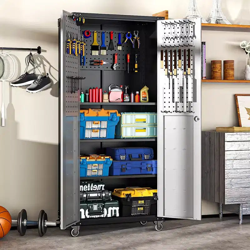 Armoire de garage robuste en acier 71H avec roulettes et serrure - Étagères réglables, portes battantes, organiseur mobile pour garage/maison/bureau/école