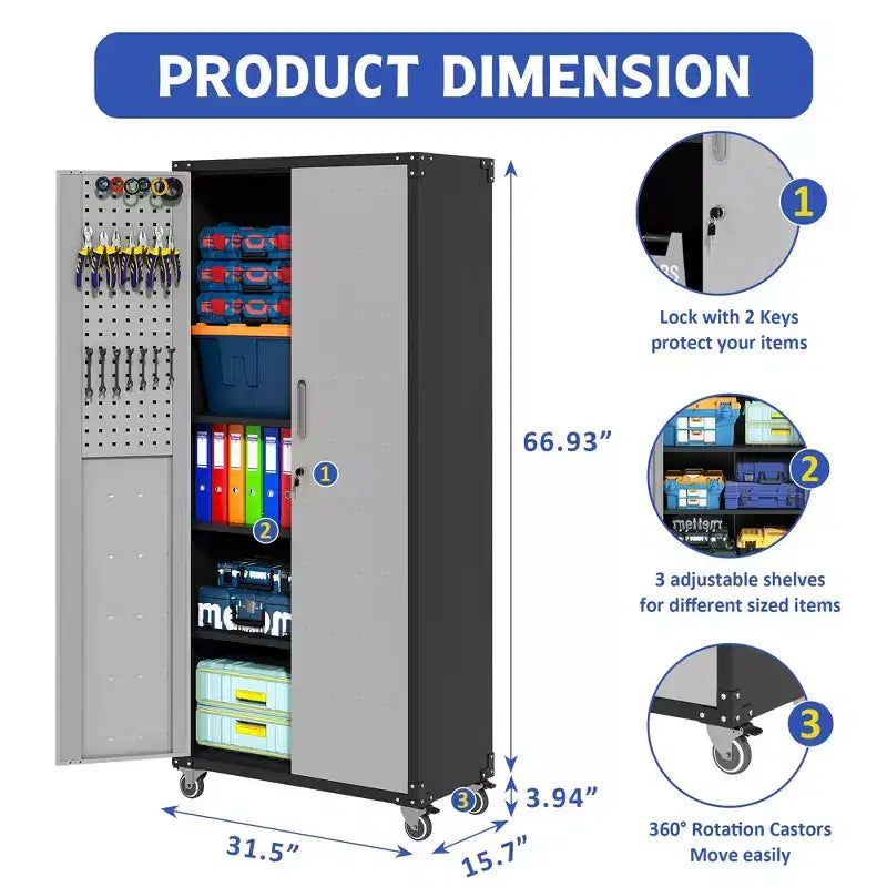 Armoire de garage robuste en acier 71H avec roulettes et serrure - Étagères réglables, portes battantes, organiseur mobile pour garage/maison/bureau/école