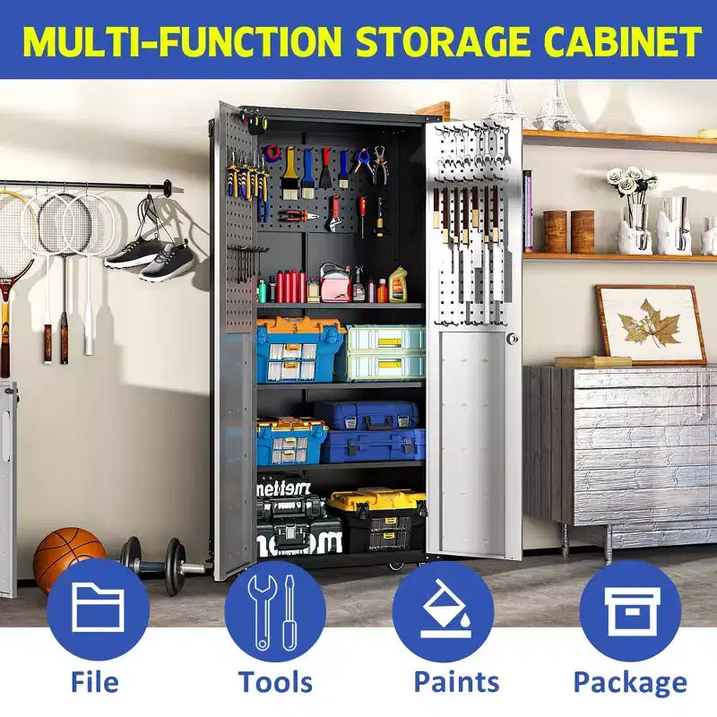 Armoire de garage robuste en acier 71H avec roulettes et serrure - Étagères réglables, portes battantes, organiseur mobile pour garage/maison/bureau/école