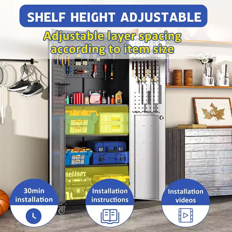 Armoire de garage robuste en acier 71H avec roulettes et serrure - Étagères réglables, portes battantes, organiseur mobile pour garage/maison/bureau/école