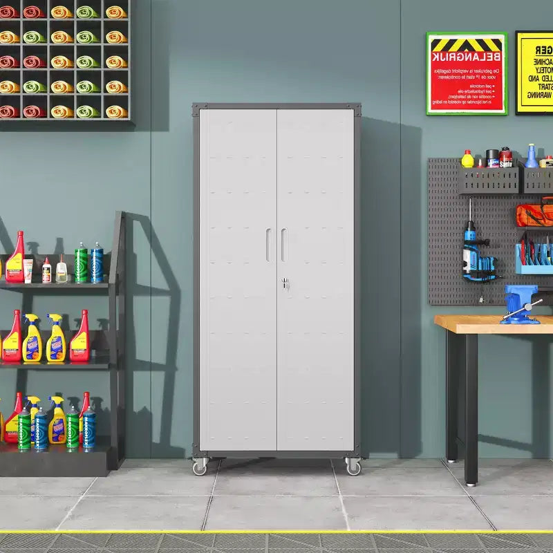 Armoire de garage robuste en acier 71H avec roulettes et serrure - Étagères réglables, portes battantes, organiseur mobile pour garage/maison/bureau/école