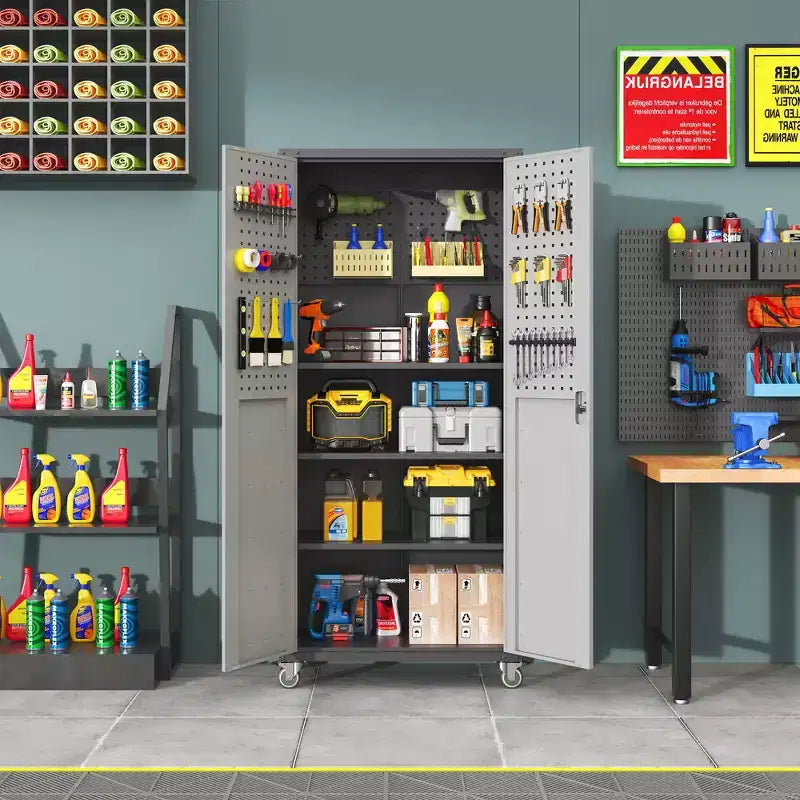 Armoire de garage robuste en acier 71H avec roulettes et serrure - Étagères réglables, portes battantes, organiseur mobile pour garage/maison/bureau/école