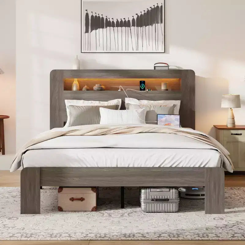 GDFStudio Lyvi Modern Wooden Platform Bed with Storage Headboard and LED Light