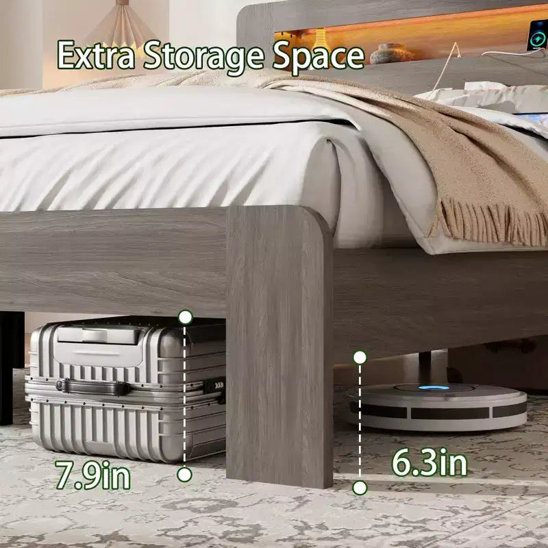 Lit plateforme moderne en bois avec tête de lit de rangement et lumière LED
