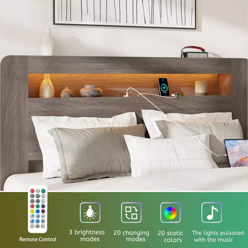 Lit plateforme moderne en bois avec tête de lit de rangement et lumière LED