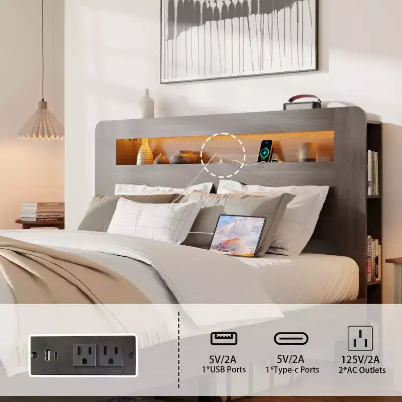 Lit plateforme moderne en bois avec tête de lit de rangement et lumière LED
