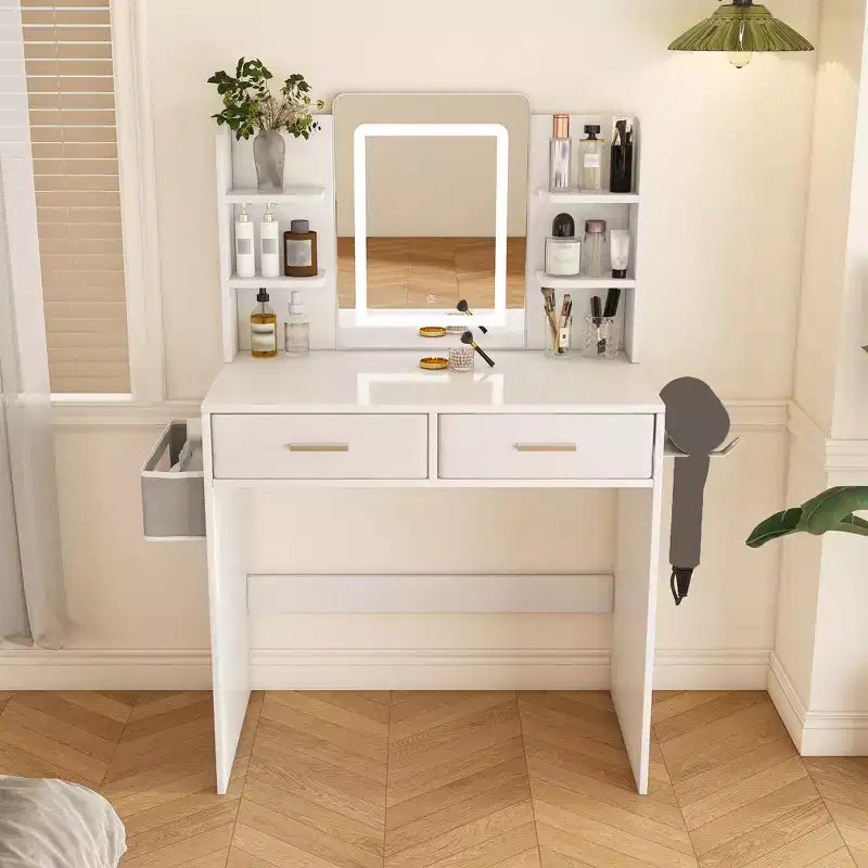 LED mirrored vanity table suitable with integrated lighting 3-color adjustable light strip, 2 large drawers, hair dryer holder White