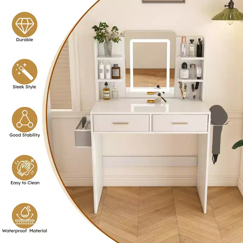 Coiffeuse miroir LED avec éclairage intégré, bande lumineuse réglable 3 couleurs, 2 grands tiroirs, support pour sèche-cheveux Blanc