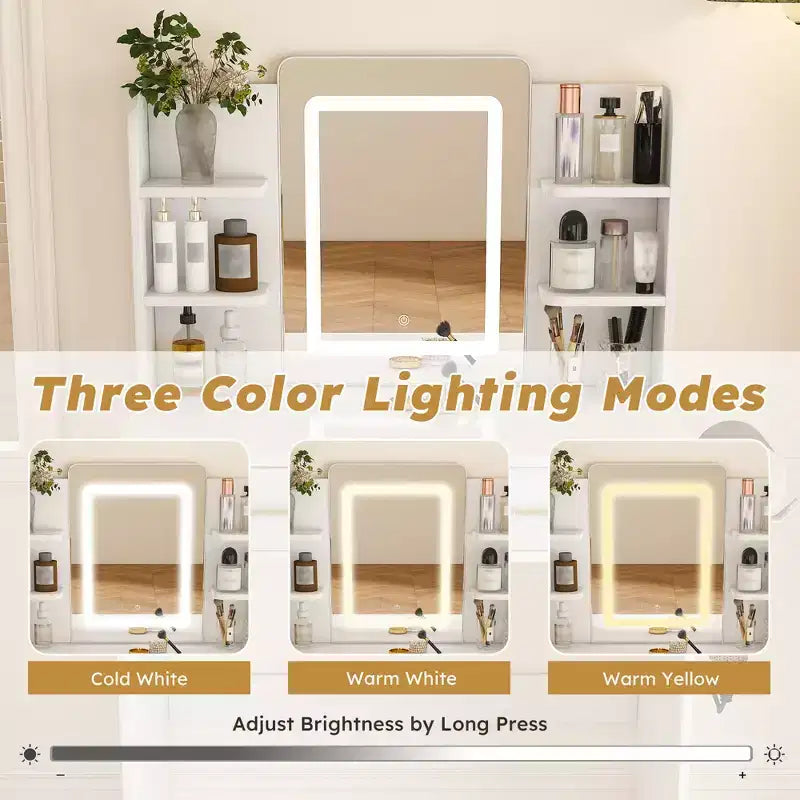 Coiffeuse miroir LED avec éclairage intégré, bande lumineuse réglable 3 couleurs, 2 grands tiroirs, support pour sèche-cheveux Blanc
