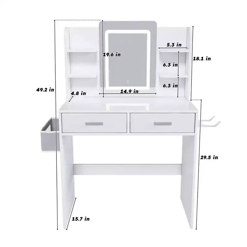 Coiffeuse miroir LED avec éclairage intégré, bande lumineuse réglable 3 couleurs, 2 grands tiroirs, support pour sèche-cheveux Blanc