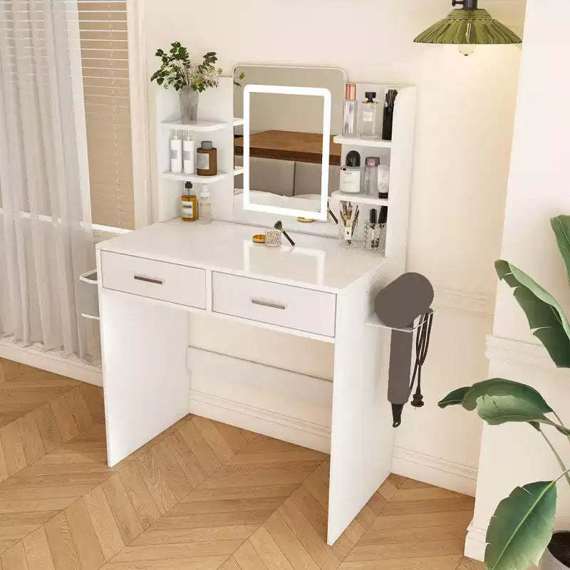 Coiffeuse miroir LED avec éclairage intégré, bande lumineuse réglable 3 couleurs, 2 grands tiroirs, support pour sèche-cheveux Blanc