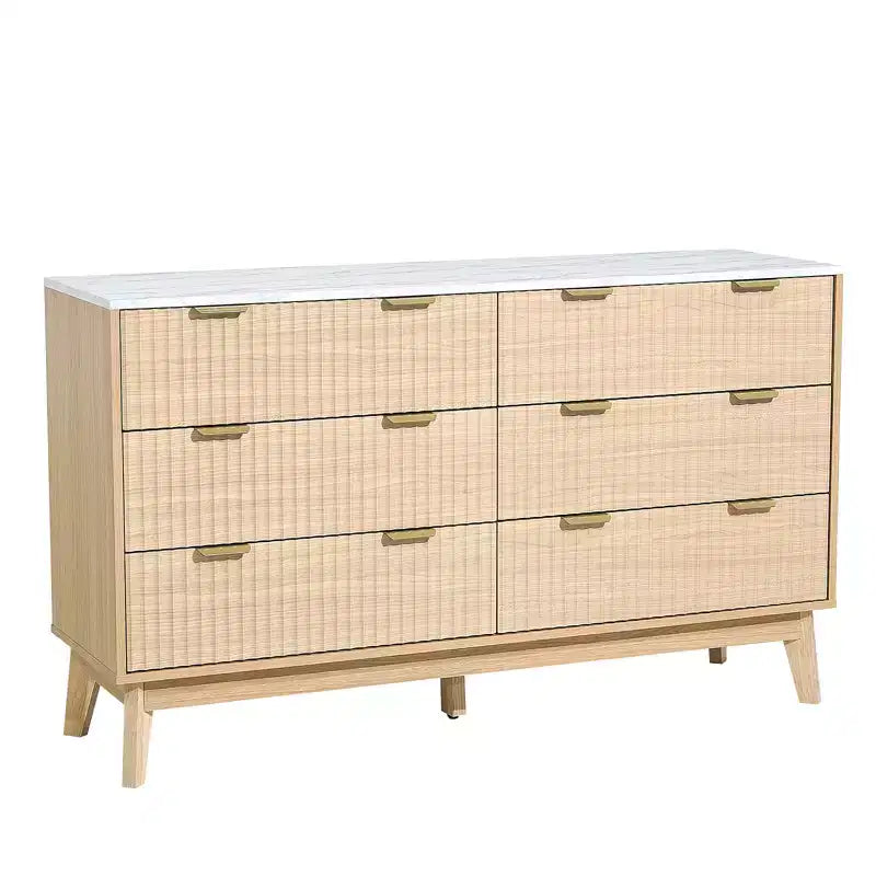 VEVOR 6 Fluted Drawer Dresser, Wooden Chest of Drawers with Sliding & Anti-tip Device, Modern Minimalist Dresser Chest, Fluted Closet Storage, Brown