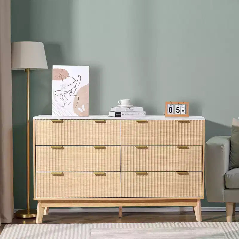Commode à 6 tiroirs cannelés, commode en bois avec glissières et dispositif anti-basculement, commode moderne minimaliste, rangement de placard cannelé, marron
