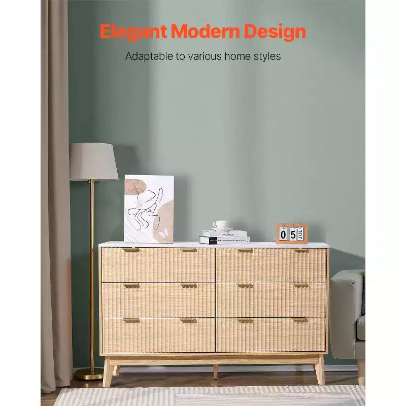 Commode à 6 tiroirs cannelés, commode en bois avec glissières et dispositif anti-basculement, commode moderne minimaliste, rangement de placard cannelé, marron
