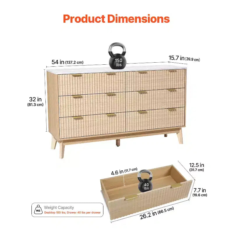 Commode à 6 tiroirs cannelés, commode en bois avec glissières et dispositif anti-basculement, commode moderne minimaliste, rangement de placard cannelé, marron