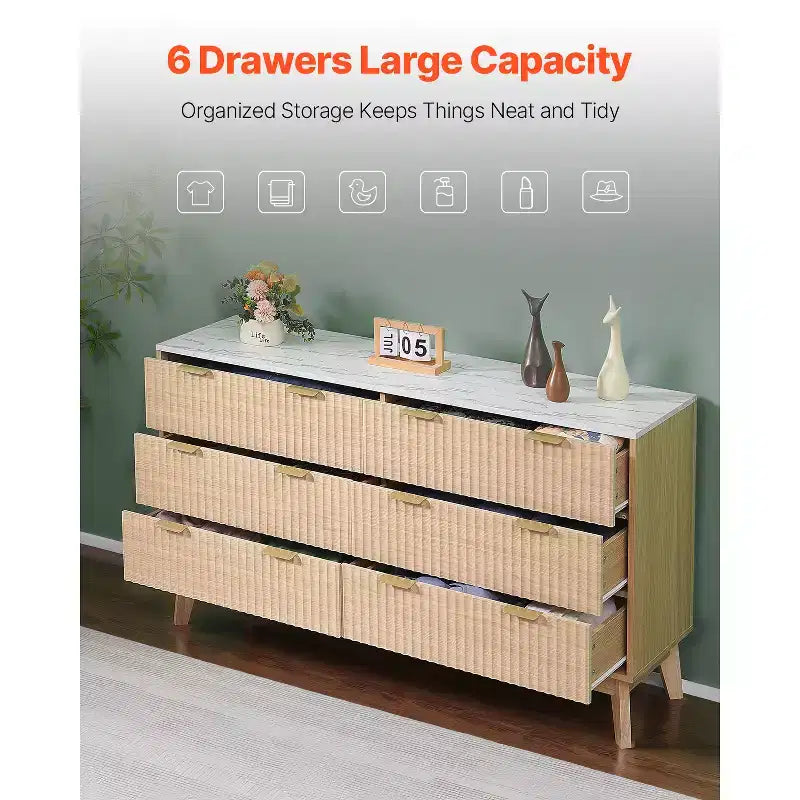 Commode à 6 tiroirs cannelés, commode en bois avec glissières et dispositif anti-basculement, commode moderne minimaliste, rangement de placard cannelé, marron
