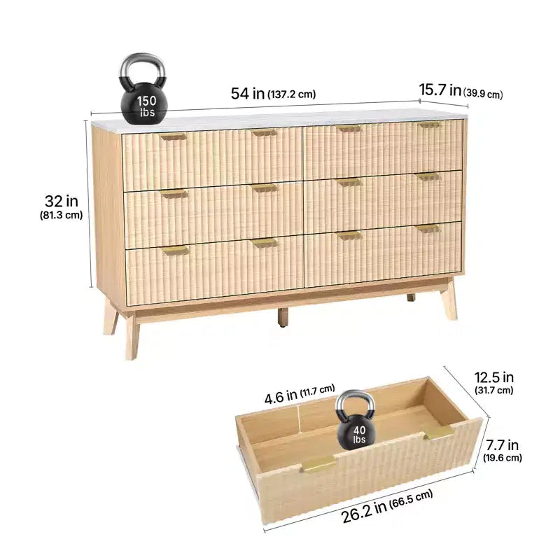 Commode à 6 tiroirs cannelés, commode en bois avec glissières et dispositif anti-basculement, commode moderne minimaliste, rangement de placard cannelé, marron