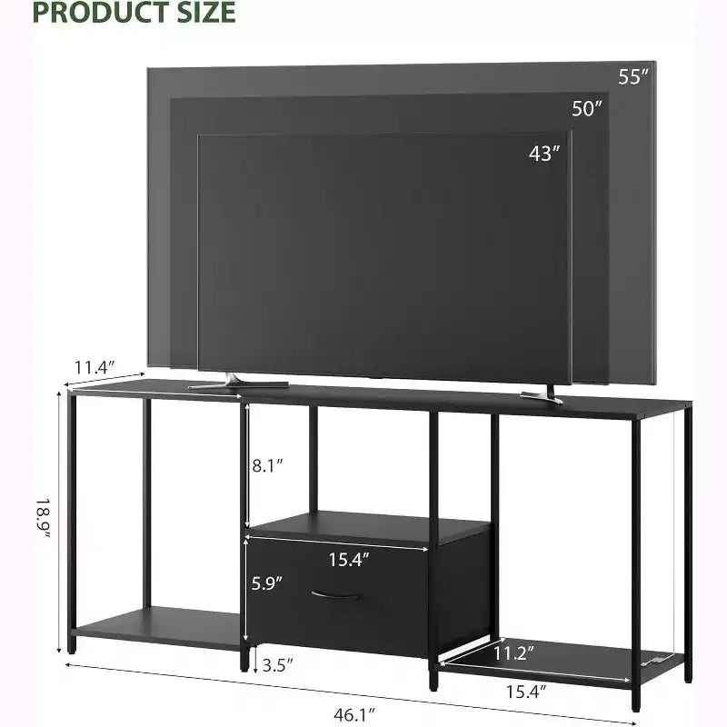 1 Meuble TV en tissu et métal 55 pouces - Centre de divertissement moderne, solutions de rangement polyvalentes, éclairage LED intégré, compact et pratique