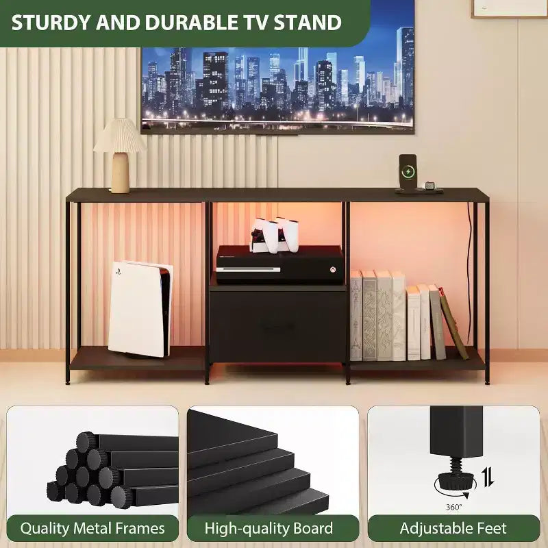 1 Meuble TV en tissu et métal 55 pouces - Centre de divertissement moderne, solutions de rangement polyvalentes, éclairage LED intégré, compact et pratique