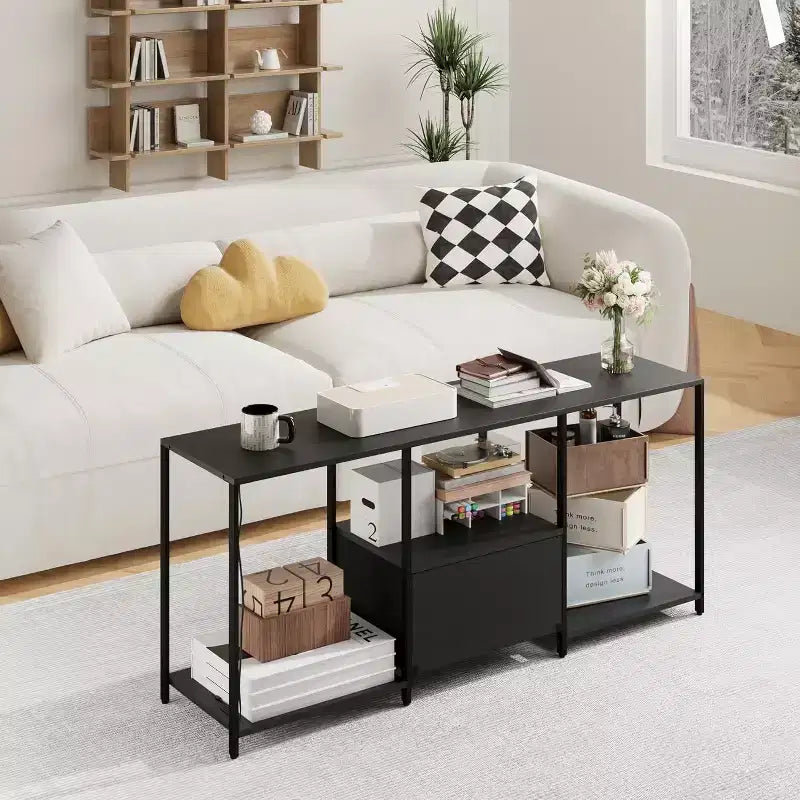 1 Meuble TV en tissu et métal 55 pouces - Centre de divertissement moderne, solutions de rangement polyvalentes, éclairage LED intégré, compact et pratique