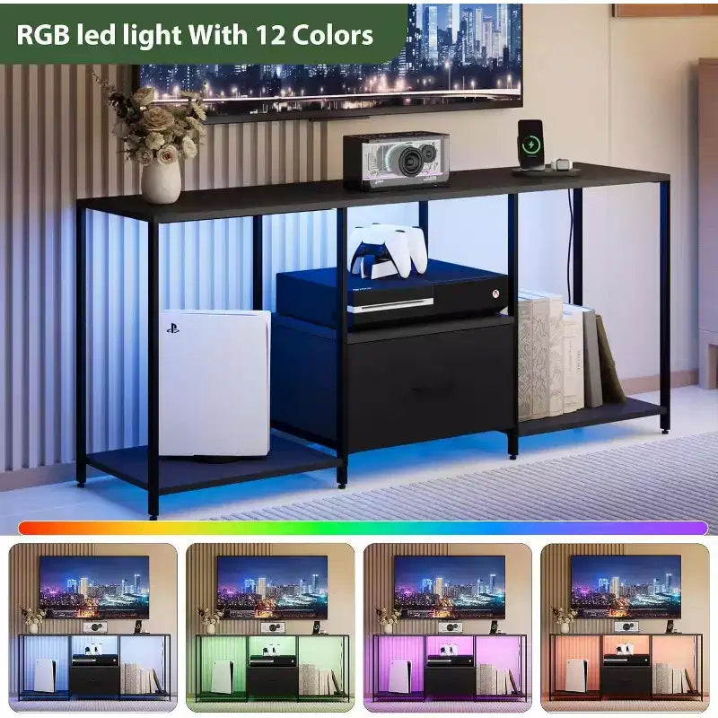 1 Meuble TV en tissu et métal 55 pouces - Centre de divertissement moderne, solutions de rangement polyvalentes, éclairage LED intégré, compact et pratique