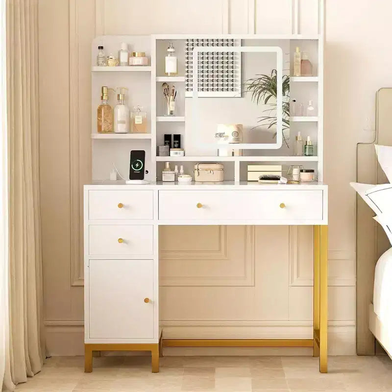Modern Makeup Vanity Desk with Lighted Mirror - 3 Drawers & Storage Cabinet & Power Outlet - Dressing Table for Bedroom