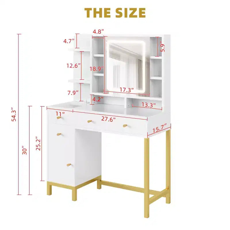 Coiffeuse moderne avec miroir éclairé - 3 tiroirs et armoire de rangement et prise de courant - Table de maquillage pour chambre à coucher