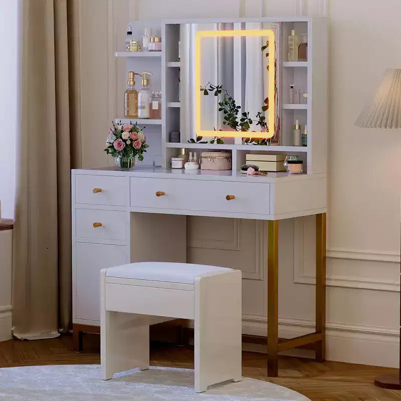 Coiffeuse moderne avec miroir éclairé - 3 tiroirs et armoire de rangement et prise de courant - Table de maquillage pour chambre à coucher