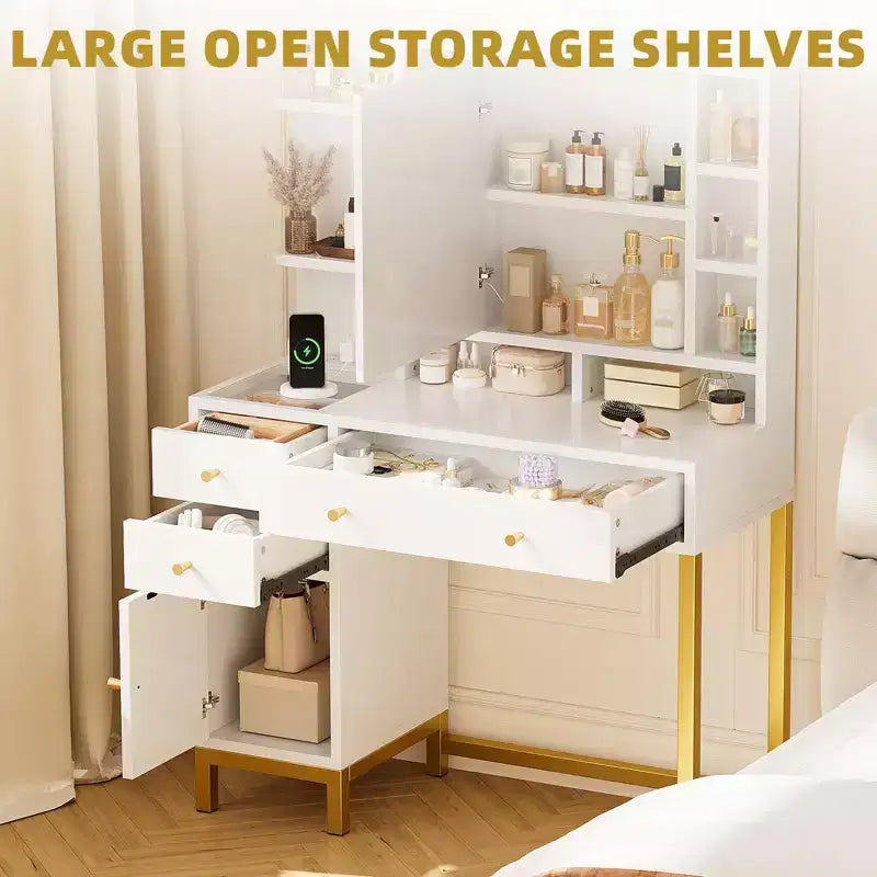 Coiffeuse moderne avec miroir éclairé - 3 tiroirs et armoire de rangement et prise de courant - Table de maquillage pour chambre à coucher