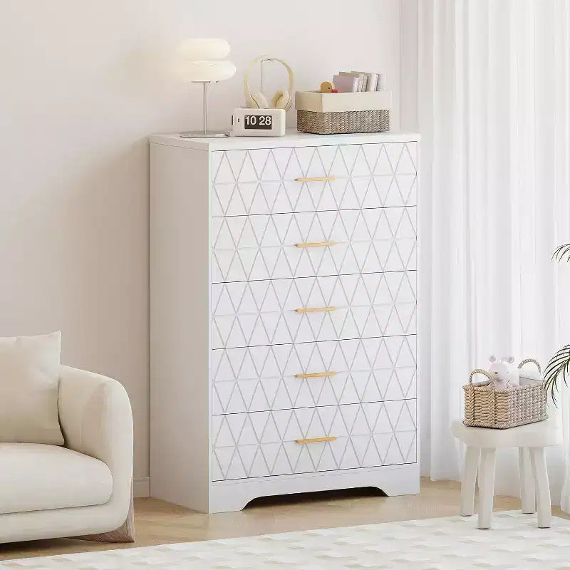 Commode haute en bois à 5 tiroirs pour chambre à coucher, commode en bois avec poignées dorées pour placard, meuble de rangement et tiroirs de rangement pour salon