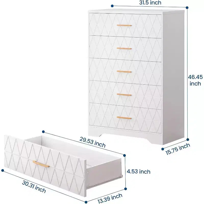 Commode haute en bois à 5 tiroirs pour chambre à coucher, commode en bois avec poignées dorées pour placard, meuble de rangement et tiroirs de rangement pour salon
