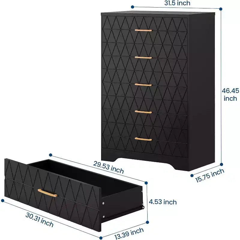 Commode haute en bois à 5 tiroirs pour chambre à coucher, commode en bois avec poignées dorées pour placard, meuble de rangement et tiroirs de rangement pour salon