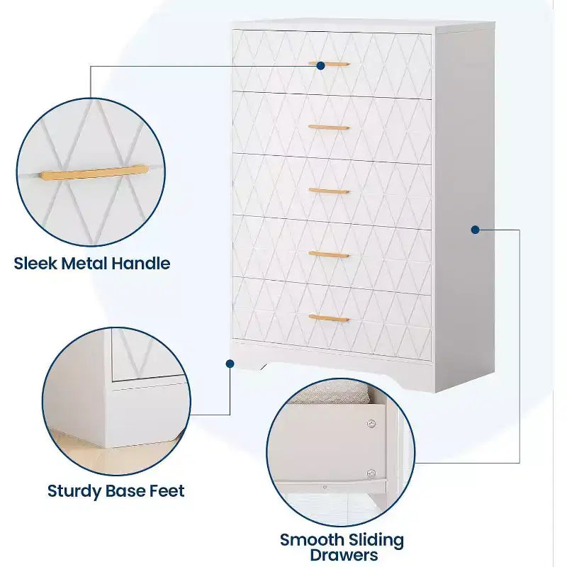 Commode haute en bois à 5 tiroirs pour chambre à coucher, commode en bois avec poignées dorées pour placard, meuble de rangement et tiroirs de rangement pour salon