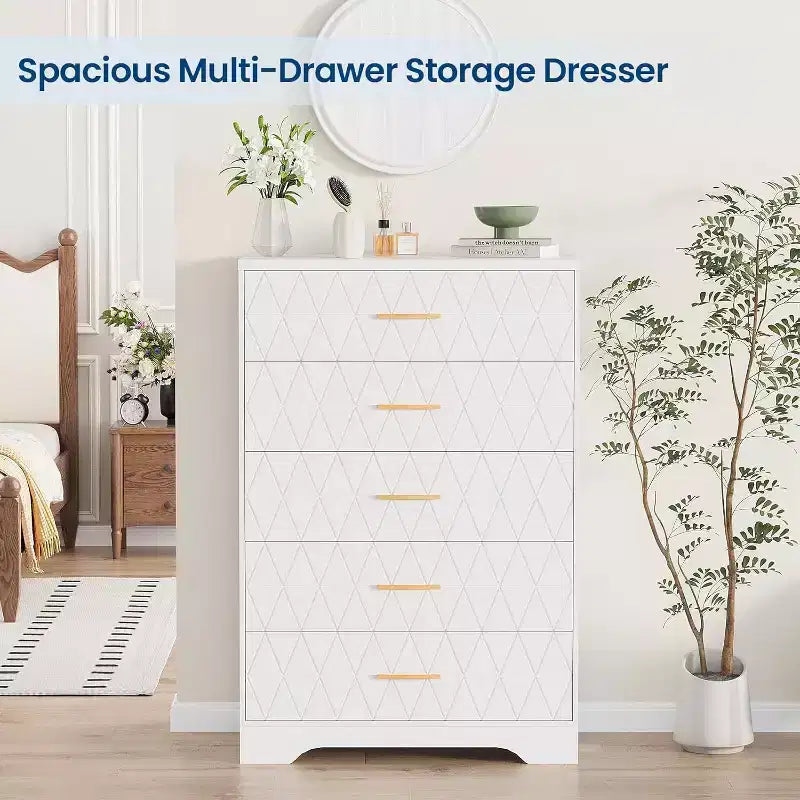 Commode haute en bois à 5 tiroirs pour chambre à coucher, commode en bois avec poignées dorées pour placard, meuble de rangement et tiroirs de rangement pour salon