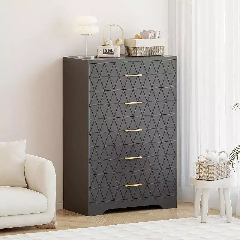 Commode haute en bois à 5 tiroirs pour chambre à coucher, commode en bois avec poignées dorées pour placard, meuble de rangement et tiroirs de rangement pour salon