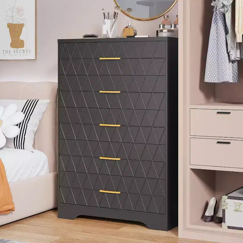 Commode haute en bois à 5 tiroirs pour chambre à coucher, commode en bois avec poignées dorées pour placard, meuble de rangement et tiroirs de rangement pour salon