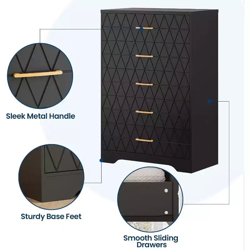 Commode haute en bois à 5 tiroirs pour chambre à coucher, commode en bois avec poignées dorées pour placard, meuble de rangement et tiroirs de rangement pour salon