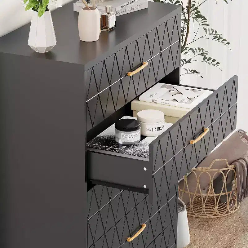 Commode haute en bois à 5 tiroirs pour chambre à coucher, commode en bois avec poignées dorées pour placard, meuble de rangement et tiroirs de rangement pour salon