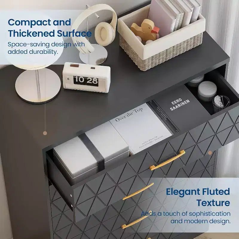 Commode haute en bois à 5 tiroirs pour chambre à coucher, commode en bois avec poignées dorées pour placard, meuble de rangement et tiroirs de rangement pour salon