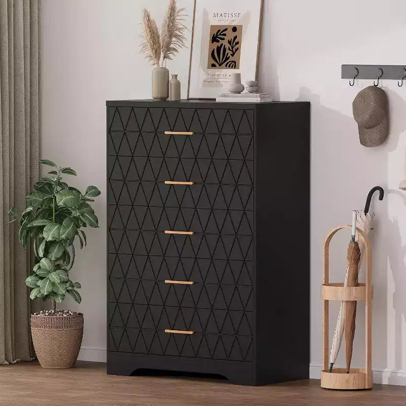 5 Drawer Tall Wood Dresser for Bedroom, Wooden Chest of Drawers with Gold Handles for Closet, Storage Cabinet and Organizer Drawers for Living Room