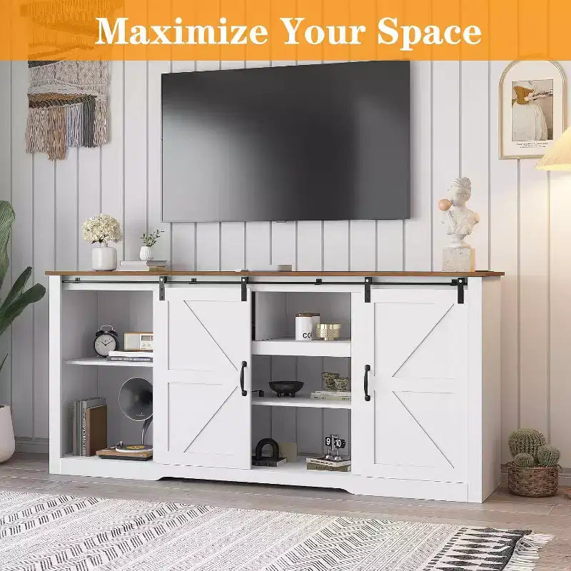 Meuble TV de ferme 70 pouces pour téléviseurs jusqu'à 80 pouces, gris foncé, meuble TV avec porte coulissante de style grange et étagères réglables pour salon