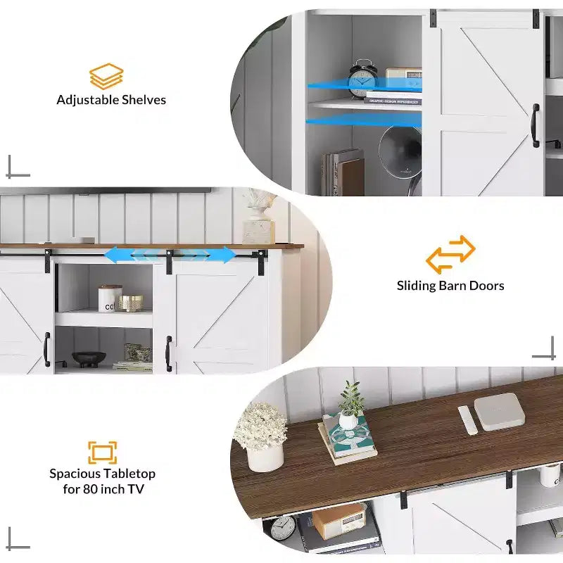 Meuble TV de ferme 70 pouces pour téléviseurs jusqu'à 80 pouces, gris foncé, meuble TV avec porte coulissante de style grange et étagères réglables pour salon