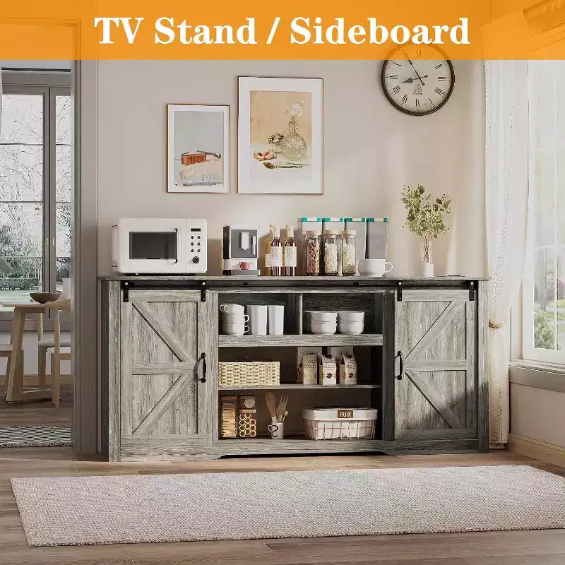 Meuble TV de ferme 70 pouces pour téléviseurs jusqu'à 80 pouces, gris foncé, meuble TV avec porte coulissante de style grange et étagères réglables pour salon